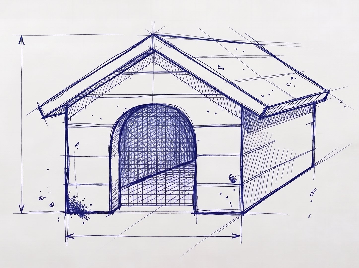 Hand-drawn ballpoint sketch of a kennel: a doghouse with a barred, arched doorway and engineering dimension lines.